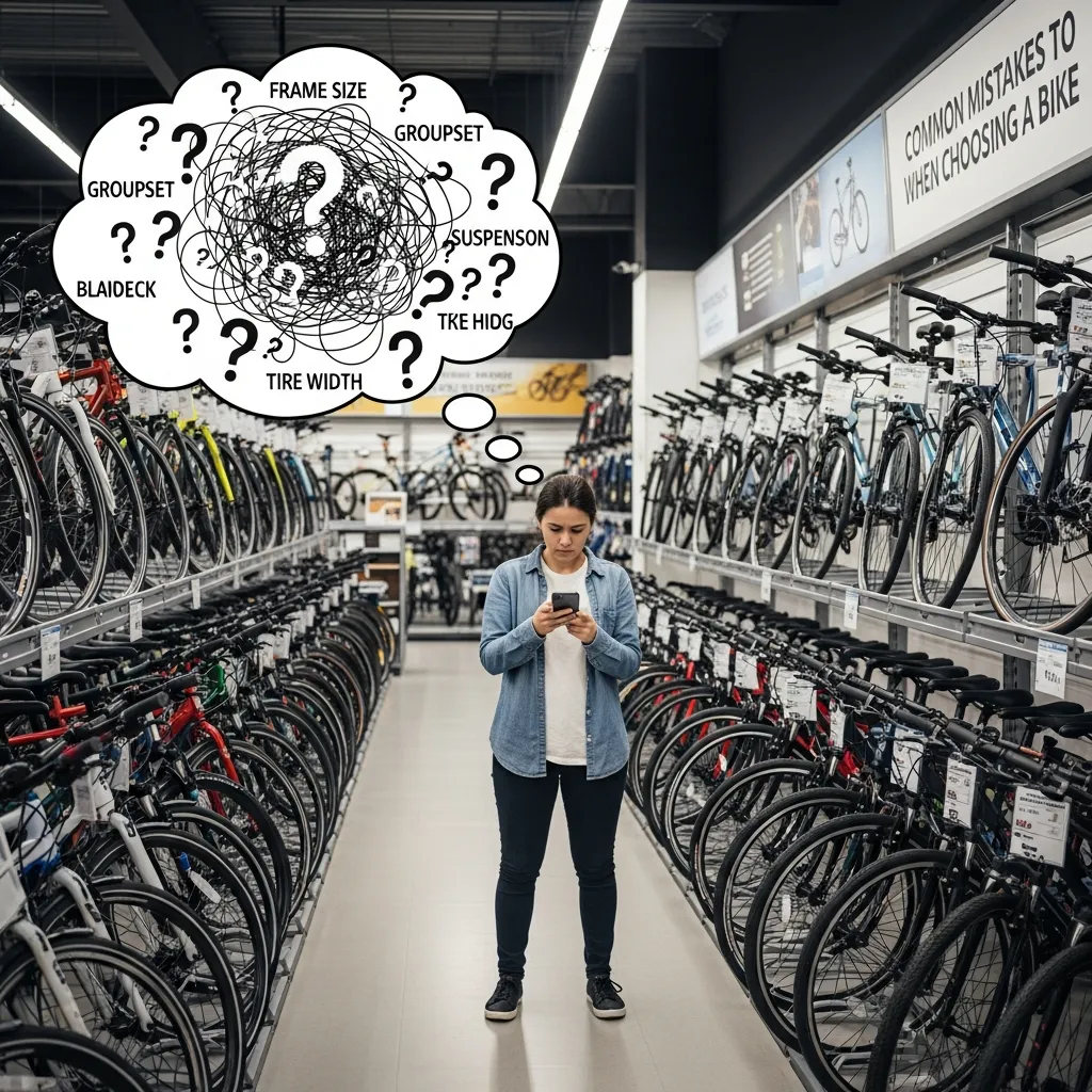Infographic illustrating common mistakes to avoid when choosing a bike, including selecting the wrong frame size, ignoring riding purpose, overlooking comfort, poor gear choice, low-quality components, skipping test rides, and neglecting budget planning.