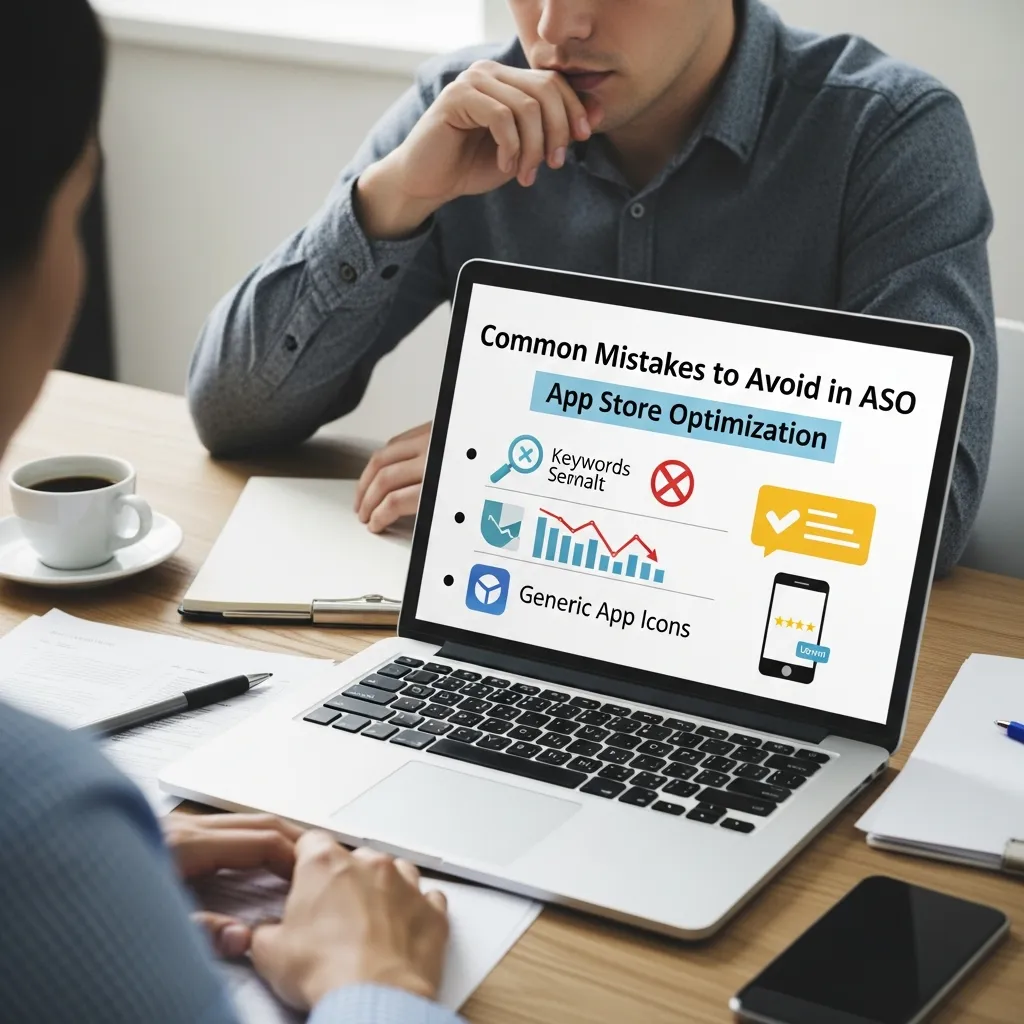 Modern mobile app marketing infographic illustrating common mistakes to avoid in ASO app store optimization, featuring poor keyword targeting, weak app visuals, ignoring reviews, low conversion rates, lack of localization, inconsistent updates, and declining ranking charts in a clean professional design.