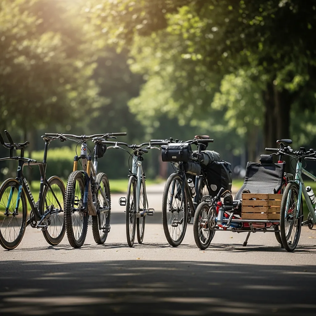 Modern cycling infographic illustrating specialized types of bicycles, featuring tandem bikes, folding bikes, cargo bikes, fat tire bikes, recumbent bikes, touring bikes, track bikes, and electric bikes in a clean professional outdoor lifestyle design.