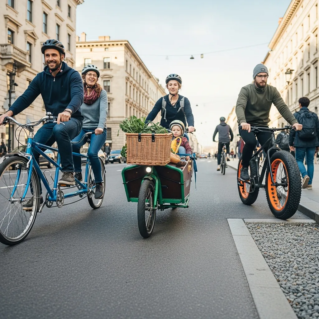 Infographic illustrating specialty bicycles including tandems, cargo bikes, and fat bikes, featuring two-person tandem bicycles, load-carrying cargo bikes, oversized tire fat bikes, and their unique uses for transport, recreation, and off-road riding.