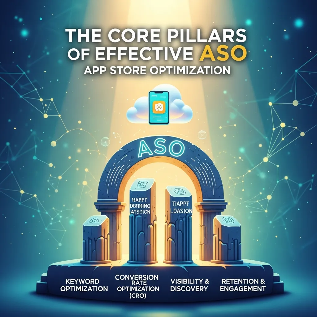 Modern mobile marketing infographic illustrating the core pillars of effective ASO app store optimization, featuring keyword strategy, optimized app title, compelling screenshots, icon design, ratings and reviews, localization, conversion rate optimization, and download growth analytics in a clean professional design.