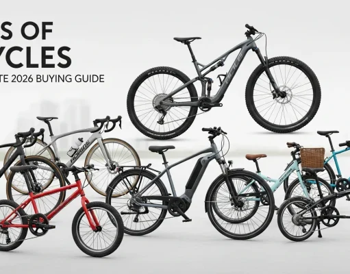 Types of Bicycles: The Ultimate 2026 Buying Guide Modern cycling infographic illustrating types of bicycles as the ultimate 2026 buying guide, featuring road, mountain, hybrid, electric, BMX, gravel, touring, and cargo bikes with comparison highlights on terrain, comfort, speed, and usage in a clean professional outdoor lifestyle design.