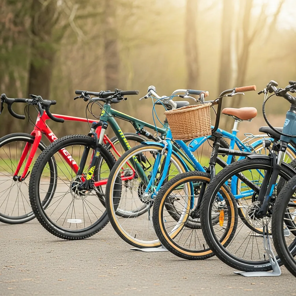 Modern cycling infographic illustrating the different types of bicycles, featuring road bikes, mountain bikes, hybrid bikes, electric bikes, BMX bikes, gravel bikes, and commuter bicycles with labeled designs in a clean professional outdoor lifestyle layout.
