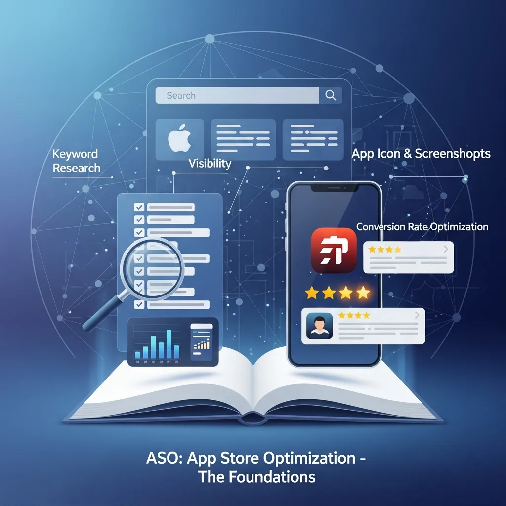 Modern mobile marketing infographic illustrating the foundations of ASO app store optimization, featuring app keyword research, ranking factors, icon design, screenshots, ratings and reviews, conversion optimization, download growth charts, and app store search visibility in a clean professional design.