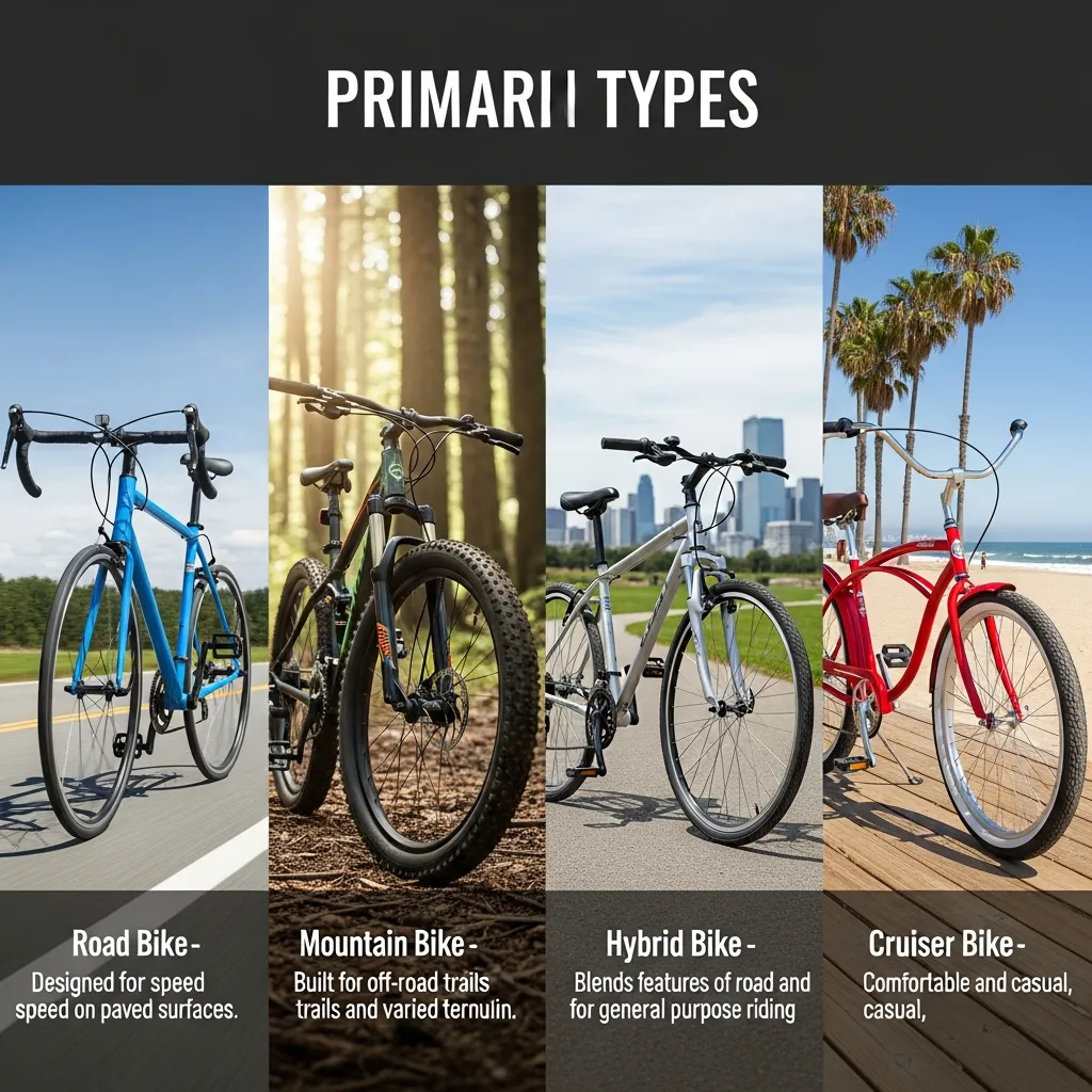 Infographic illustrating the primary types of bicycles, featuring road bikes, mountain bikes, hybrid bikes, BMX bikes, electric bikes, touring bikes, and commuter bikes with distinct designs and riding purposes.