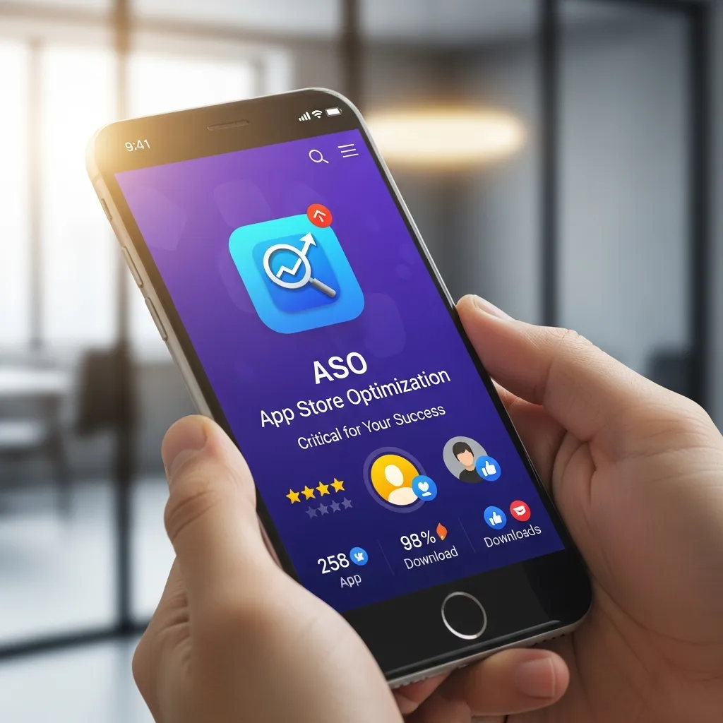 Modern mobile app marketing infographic illustrating why ASO app store optimization is critical for your success, featuring improved app rankings, increased organic installs, keyword search visibility, conversion optimization, positive ratings, competitor insights, and growth analytics in a clean professional design.