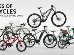 Types of Bicycles: The Ultimate 2026 Buying Guide Modern cycling infographic illustrating types of bicycles as the ultimate 2026 buying guide, featuring road, mountain, hybrid, electric, BMX, gravel, touring, and cargo bikes with comparison highlights on terrain, comfort, speed, and usage in a clean professional outdoor lifestyle design.