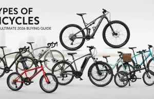 Types of Bicycles: The Ultimate 2026 Buying Guide Modern cycling infographic illustrating types of bicycles as the ultimate 2026 buying guide, featuring road, mountain, hybrid, electric, BMX, gravel, touring, and cargo bikes with comparison highlights on terrain, comfort, speed, and usage in a clean professional outdoor lifestyle design.