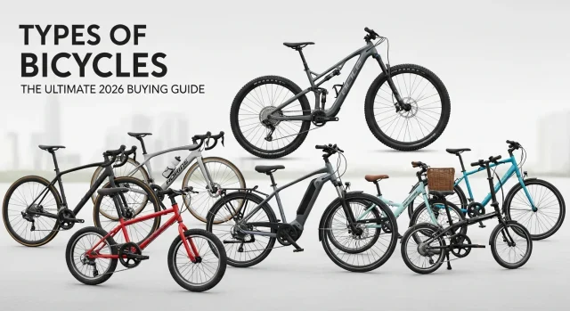 Modern cycling infographic illustrating types of bicycles as the ultimate 2026 buying guide, featuring road, mountain, hybrid, electric, BMX, gravel, touring, and cargo bikes with comparison highlights on terrain, comfort, speed, and usage in a clean professional outdoor lifestyle design.