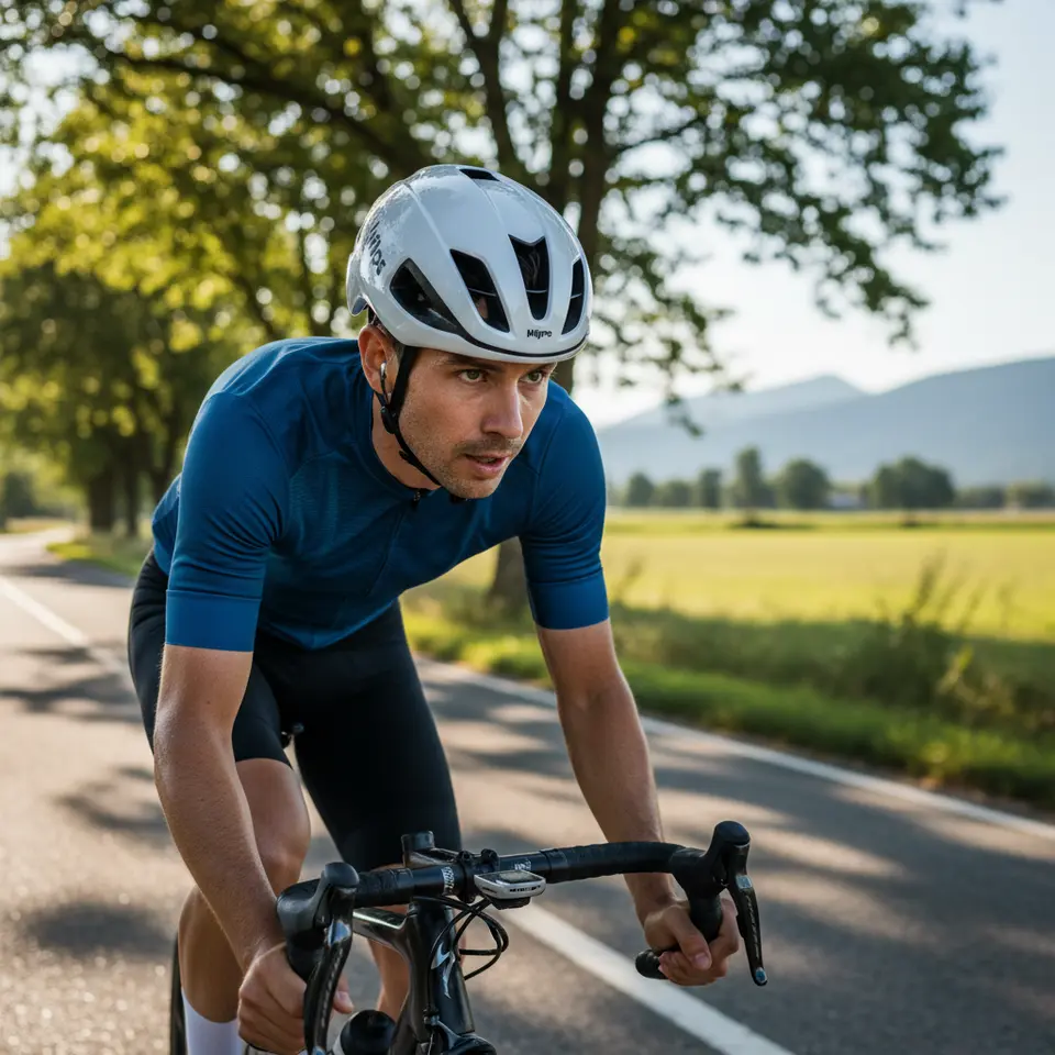 High-tech MIPS bicycle helmet on a rider: adjustable retention dial at the back, V-shaped chin straps snug below the ears, sleek aerodynamic shell