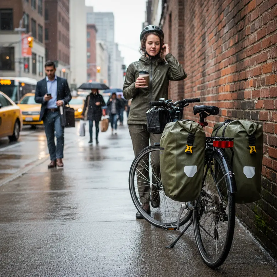City commuter bike outfitted with a sturdy rear rack and waterproof pannier bags: quick-release attachments, durable fabric shedding rain and road spray