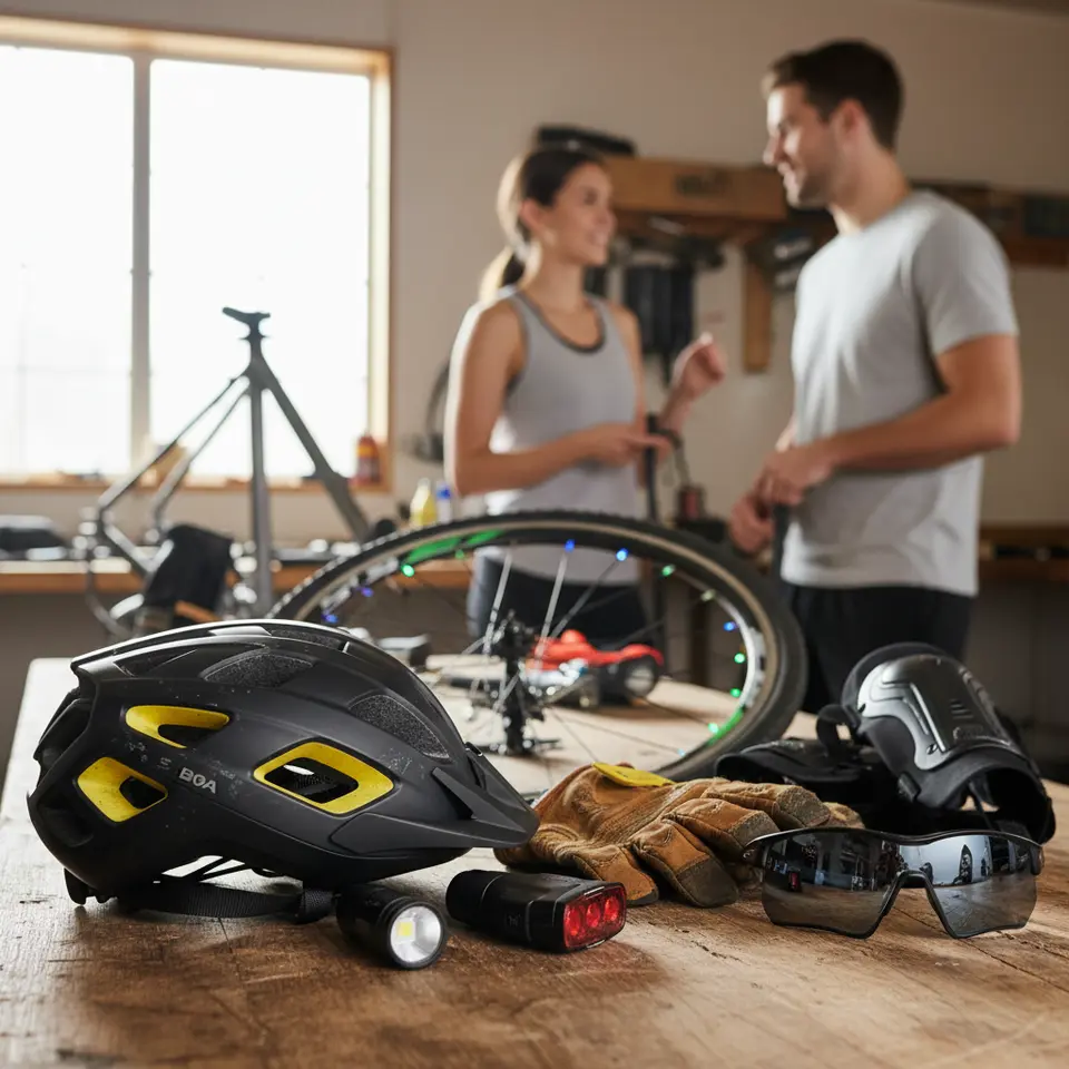A collection of essential cycling safety gear displayed together: a modern in-mold polycarbonate helmet with MIPS lining and adjustable BOA dial, a powerful 300-lumen front USB-rechargeable LED light alongside a rear red taillight with multiple flash modes, reflective tire strips and spoke lights on a bicycle wheel, padded leather cycling gloves, articulated knee and elbow pads, and sleek UV-blocking cycling eyewear – all arranged on a neutral background.
