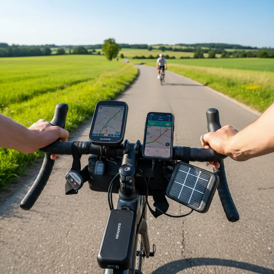 A high-tech bicycle cockpit scene: handlebars fitted with a Garmin Edge touchscreen bike computer showing turn-by-turn navigation, an ANT+ heart-rate sensor and speed cadences sensor clipped nearby, a MagSafe-compatible smartphone mount holding a weather-resistant phone, a Garmin Varia radar tail light attached to the seatpost, an RFID smart lock secured around the frame, and a compact foldable solar charger powering a USB power bank – set against an outdoor road-cycling backdrop.