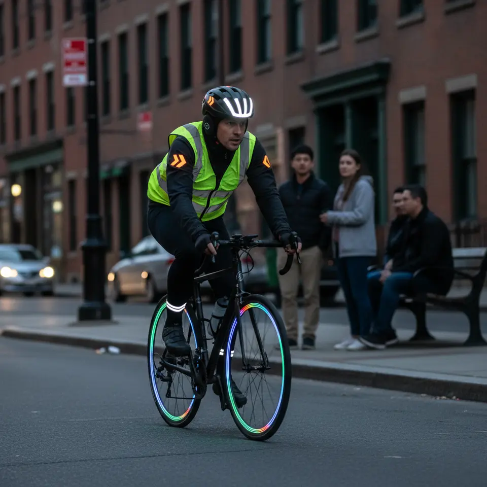 A cyclist riding through urban streets at dusk, wearing a cutting-edge smart helmet featuring integrated front and rear LED arrays, embedded turn-signal indicators on the sides, Bluetooth speakers near the ears, and gyroscope crash-sensors. The rider also sports a high-visibility reflective vest with glowing phosphorescent panels, retroreflective ankle bands, and spoke-mounted LED wheel lights for full 360° visibility.