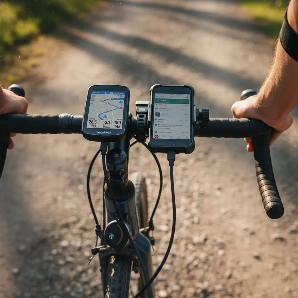 A close-up of a bike’s handlebars showcasing a high-resolution GPS bike computer displaying turn-by-turn navigation and performance metrics, alongside a water-resistant smartphone mounted in an adjustable clamp with an integrated charging dock. USB cables link to a small dynamo hub at the front wheel, and additional sensors—heart rate strap and cadence puck—are visible in the background.