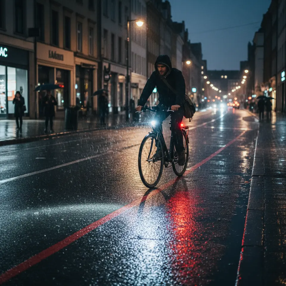 A nighttime urban scene showing a bicycle equipped with a bright LED front light casting a wide beam on the road and a vivid red rear light, both mounted tool-free on handlebars and seat post, with adjustable angle brackets and a subtle rain effect highlighting the IPX4 water-resistant rating.