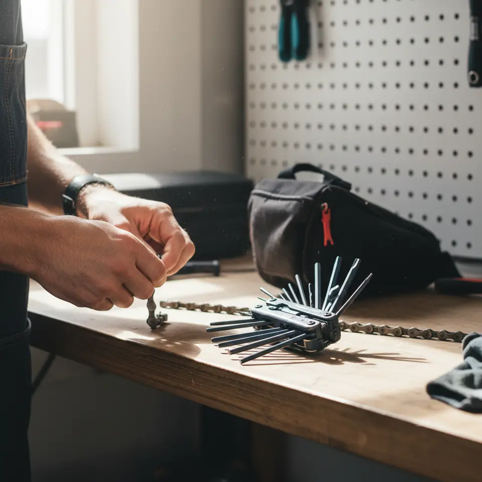 An open compact bike multi-tool kit arranged neatly on a flat surface or inside a saddle bag, displaying heat-treated steel hex wrenches (2mm–8mm), Torx keys, Phillips and flat-head screwdriver bits, a chain breaker attachment, ergonomic grips, and quick-release bit holders, all with a clean, high-contrast background for clarity.