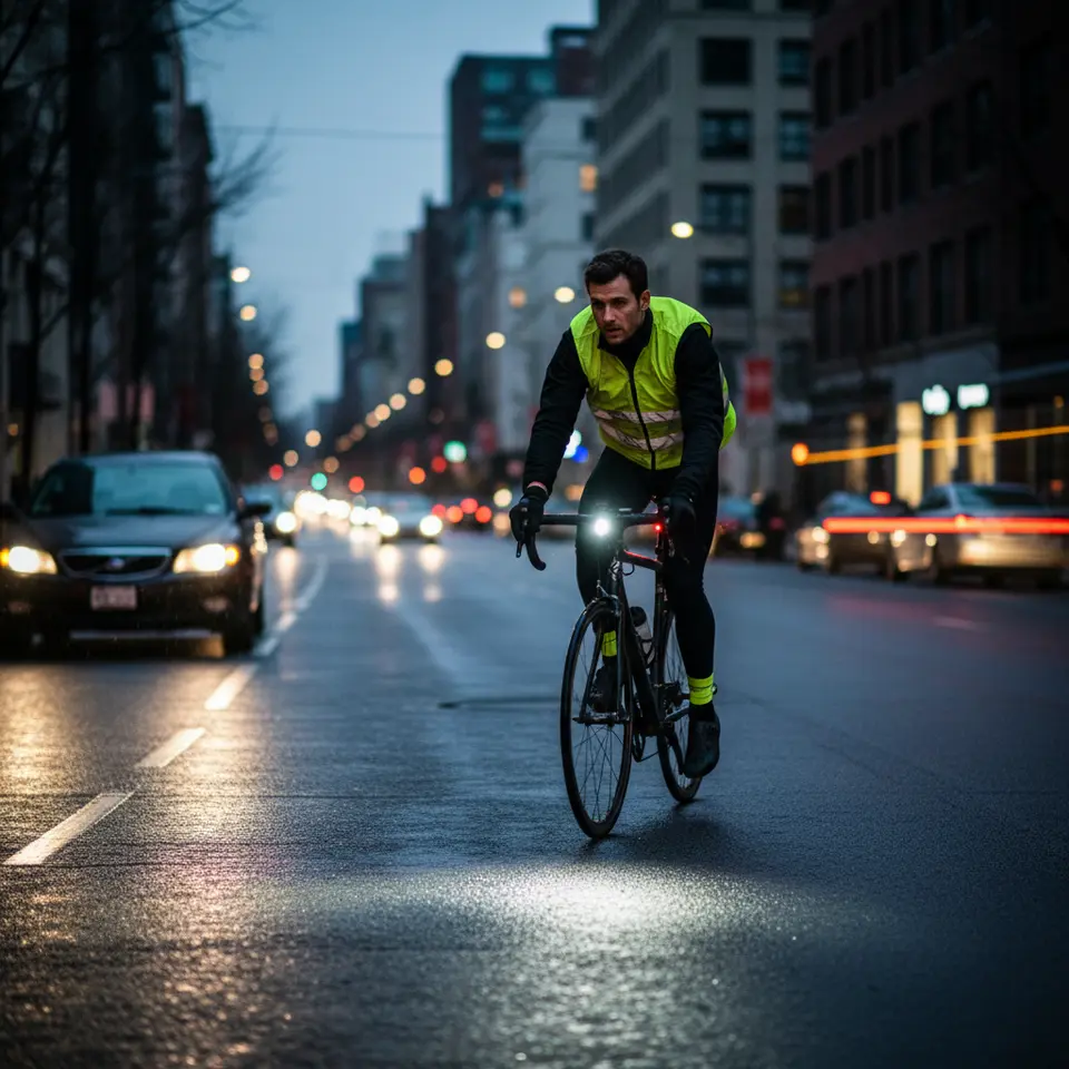 Day-Night Lighting Solutions: A cyclist riding at dusk on an urban street, equipped with a powerful 500-lumen front LED beam illuminating the path ahead and a flashing red rear light. The rider wears neon reflective ankle bands and vest strips that bounce back passing car headlights, showcasing multiple light-mode settings in a low-light environment.