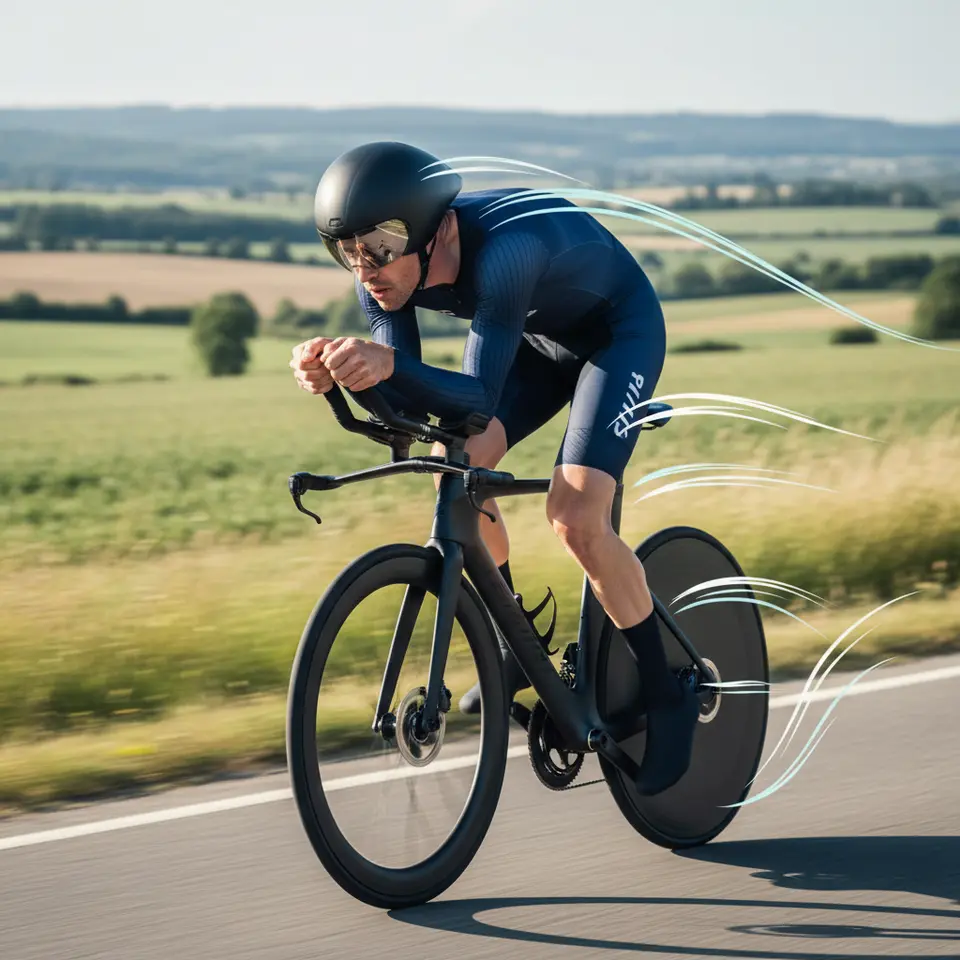 Aero Bars and Wind-Reducing Accessories: A time-trial cyclist in an aerodynamic tuck on a sleek road bike with clip-on aero bars, deep-section carbon wheels, and an aero helmet. Streamlined clothing hugs the rider’s form as stylized wind-flow lines illustrate reduced drag and enhanced speed.