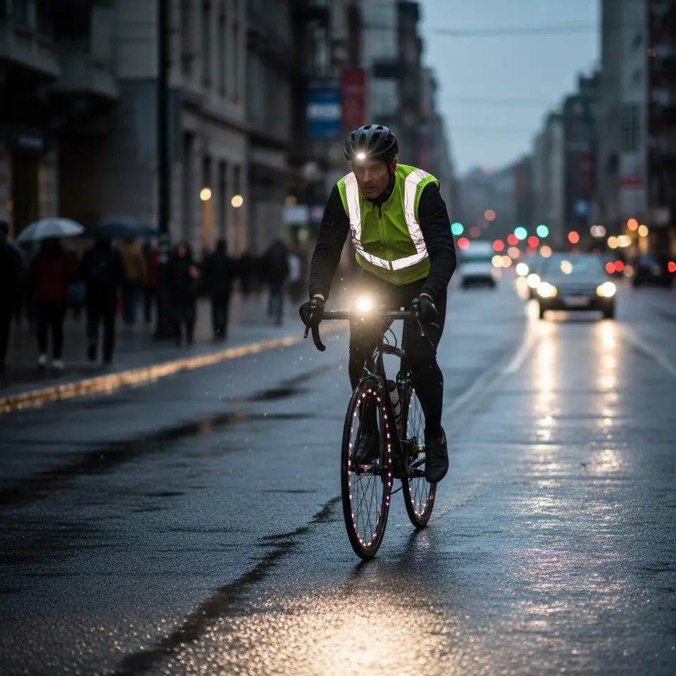 A cyclist riding at dusk on an urban street equipped with a bright 500-lumen front light casting a wide flood beam, a helmet-mounted spot light angled forward, spoke-mounted reflective beads glinting from the wheels, and the rider wearing a fluorescent yellow vest with retroreflective strips—showcase visibility enhancements in low-light conditions.