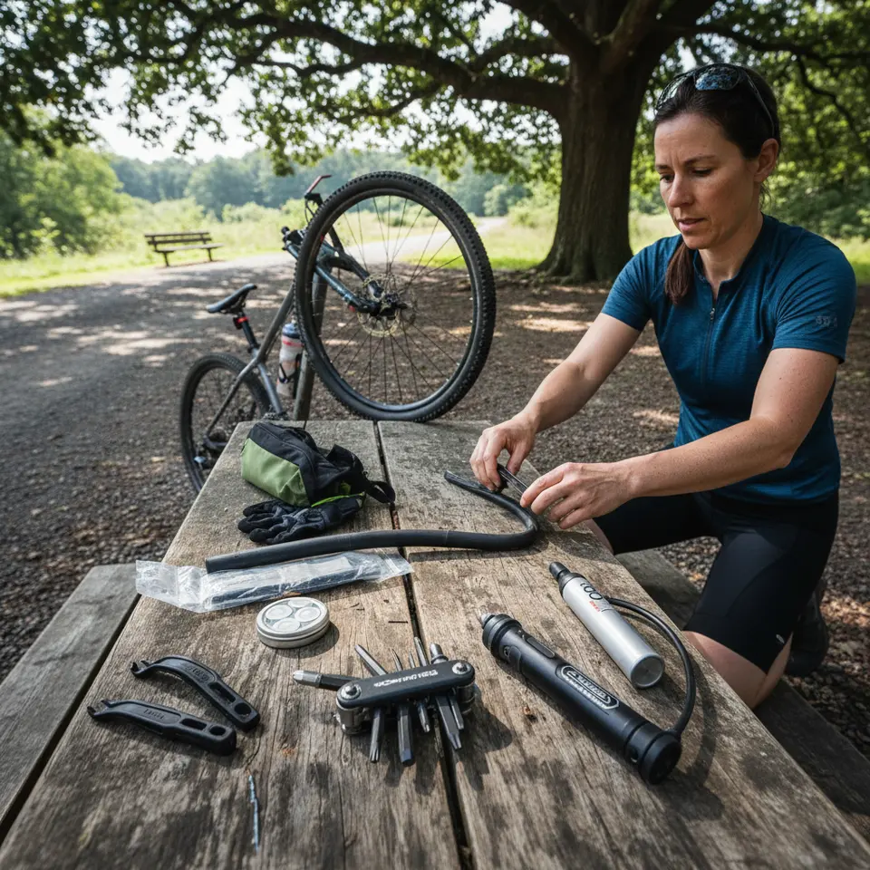 A neatly arranged on-the-go bike repair kit laid out on a textured surface: a compact multitool with hex wrenches, screwdrivers, Torx drivers and chain breaker; two sturdy composite tire levers; spare Presta inner tube beside a patch kit with adhesive patches; a mini-pump with integrated pressure gauge and a CO₂ inflator canister—emphasize essential roadside repair tools.