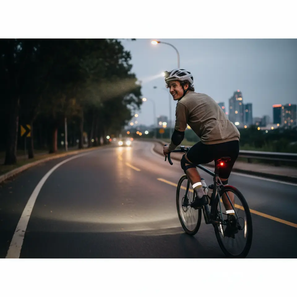 A dynamic scene showcasing essential bicycle safety gear: a cyclist wearing a certified helmet with MIPS, bright LED front and rear lights casting beams on a dusk road, reflective ankle bands and spoke reflectors catching streetlights, plus elbow and knee pads for off-road protection.