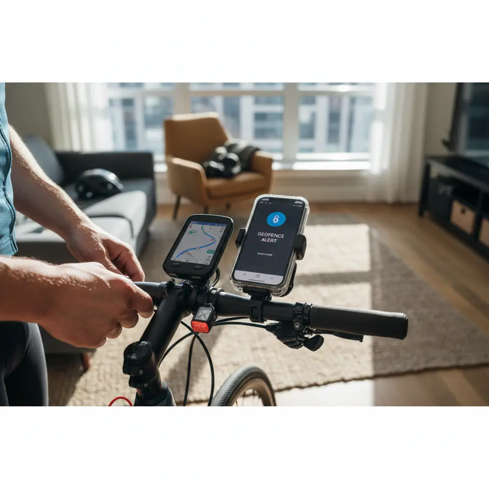 A detailed composition of modern cycling tech accessories: a handlebar setup featuring a GPS bike computer with route map, a vibration-damping smartphone mount in waterproof housing, USB-rechargeable clip-on lights, and a Bluetooth smart lock displaying geofence alerts on a phone screen.