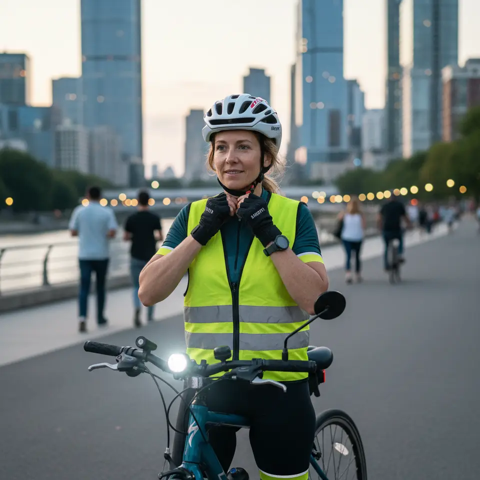 Safety Essentials Kit: A dynamic illustration of a cyclist ready for an urban ride at dusk, showcasing a MIPS helmet with adjustable retention and vents, padded cycling gloves with grippy palm inserts, handlebar and seat-post mounted high-lumen USB-rechargeable LED lights in flash mode, a reflective vest with spoke reflectors and ankle bands, a sleek electronic horn on the handlebars, and a small convex cycling mirror—highlighting protective gear, bright illumination, and visibility enhancements.