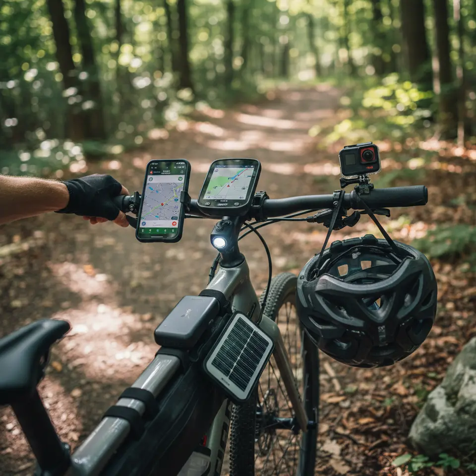 High-Tech Cycling Gadgets Showcase: A detailed flat-lay or mounted setup featuring a GPS bike computer with turn-by-turn navigation, a weather-resistant smartphone in a handlebar mount displaying map and call icons, smart adaptive front light adjusting brightness, a helmet-mounted action camera filming the road ahead, a compact USB power bank clipped to the frame, and a small solar charger panel—emphasizing modern connectivity, charging solutions, and digital ride tracking.