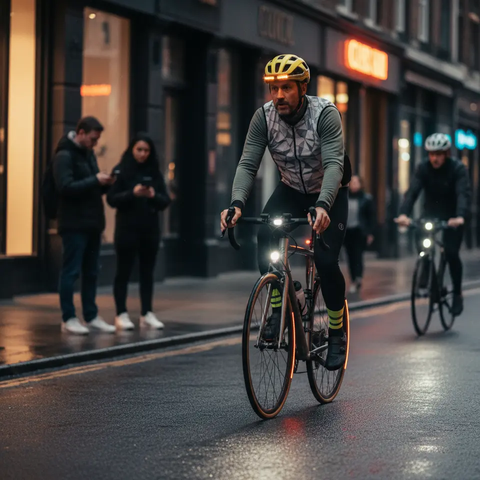 Advanced biking safety setup: a cyclist wearing a ventilated impact-resistant helmet with MIPS and built-in LED arrays, plus high-intensity USB-rechargeable front and rear lights mounted on the handlebars and seatpost, accompanied by reflective vest, ankle bands, and spoke reflectors in a dusk urban street scene