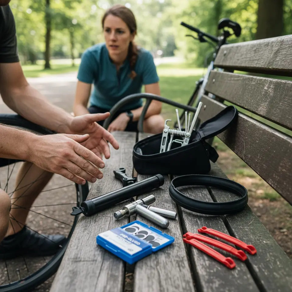 On-the-go bike repair flat-lay: compact essentials neatly arranged on a surface—frame-mounted mini pump, CO₂ inflator with cartridges, pre-glued patch kit, spare inner tube, reinforced nylon tire levers, and a stainless-steel multi-tool emerging from an open saddle bag