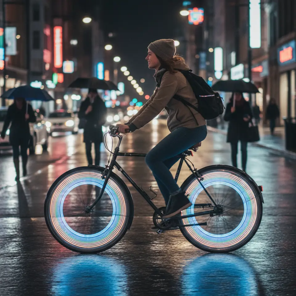 Wheel and Pedal Lights: a nighttime scene showing a bicycle wheel fitted with LED spoke lights that emit a full, glowing circle of color, plus clip-on pedal lights that spin with each revolution—emphasizing dynamic side visibility enhancements.