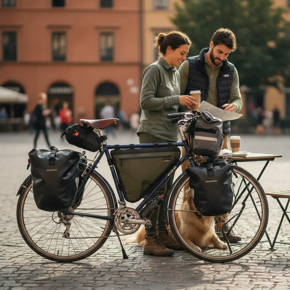 Smart Storage and Utility Gear: a touring or commuter bike outfitted with a compact saddle bag under the seat, a triangular frame bag inside the main frame, a roll-top handlebar bag, and side-mounted waterproof panniers on a rear rack—illustrating organized, aerodynamic storage solutions.